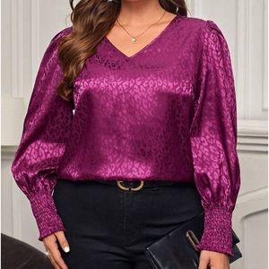 Luxe Satin Leopard Print Smocked Cuff Long Sleeve Top Blouse Shirt